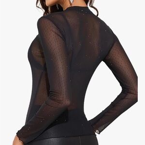New Never Worn Black Sheer Long Sleeve Top With Small Black Stones.